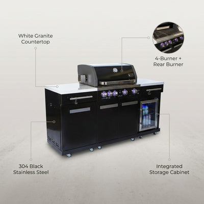Premium 70" Black Stainless Steel Outdoor Kitchen Island with Refrigerator + 32"W 4-Burner BBQ Grill with Rear Burner