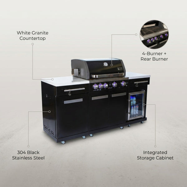 Premium 70" Black Stainless Steel Outdoor Kitchen Island with Refrigerator + 32"W 4-Burner BBQ Grill with Rear Burner — Lifestyle