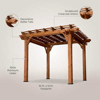 10 Ft. X 10 Ft. Traditional All Cedar Wood Outdoor Patio Pergola Shade Structure