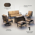 Black Metal Meshed 7 Seat 6-Piece Steel Outdoor Fire Pit Patio Set with Beige Cushions, Black Rectangular Fire Pit Table