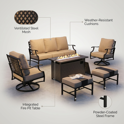 Black Metal Meshed 7 Seat 6-Piece Steel Outdoor Fire Pit Patio Set with Beige Cushions, Black Rectangular Fire Pit Table