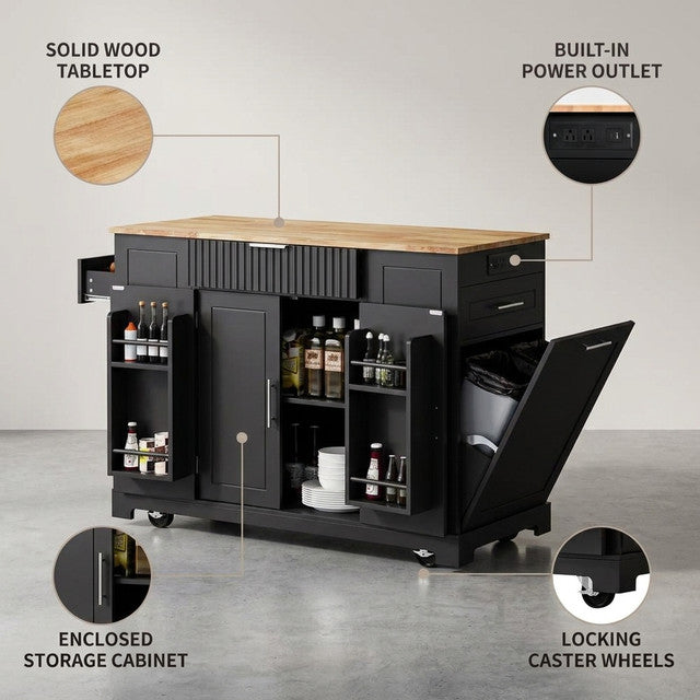 Black 48.5 In. Outdoor Kitchen Island Grill Cart with Wood Tabletop and Storage Cabinet — Lifestyle