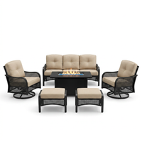 Black Metal Meshed 7 Seat 6-Piece Steel Outdoor Fire Pit Patio Set with Beige Cushions, Black Rectangular Fire Pit Table — Studio Shot