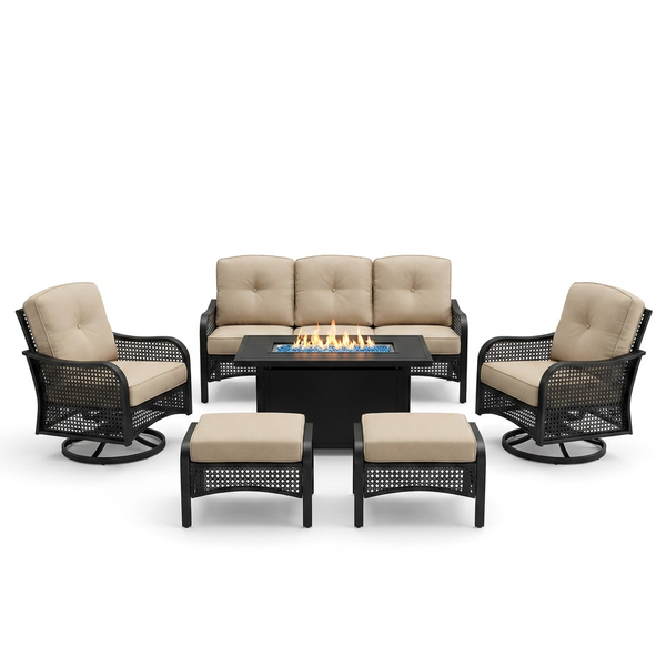 Black Metal Meshed 7 Seat 6-Piece Steel Outdoor Fire Pit Patio Set with Beige Cushions, Black Rectangular Fire Pit Table